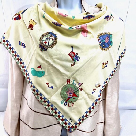 (2) Japanese H L  Furoshiki SILK Scarf 29"x29" light yellow  red blue golf  (38) - Picture 3 of 14